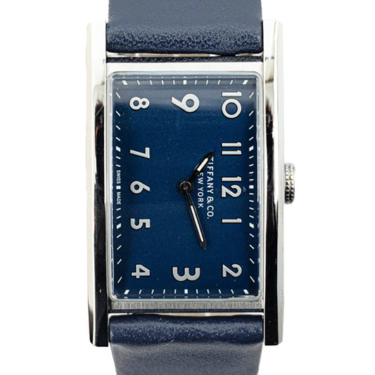 Tiffany & Co East West Quartz Watch Navy Dial Leather Stainless Steel