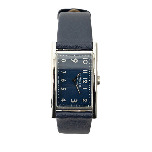 Tiffany & Co East West Quartz Watch Navy Dial Leather Stainless Steel