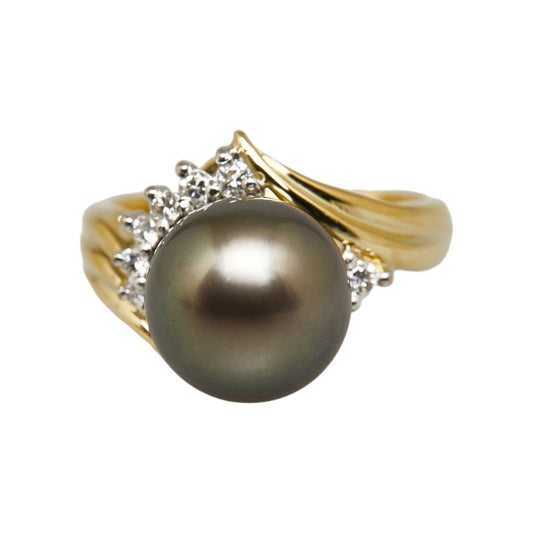 K18YG Yellow Gold Black Pearl Diamond Ring