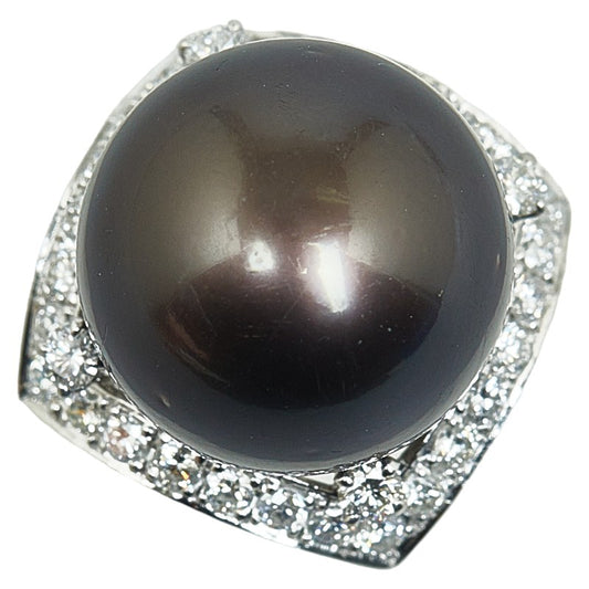 Pt900 Platinum Black Pearl 14.4mm Diamond 0.78ct Ring