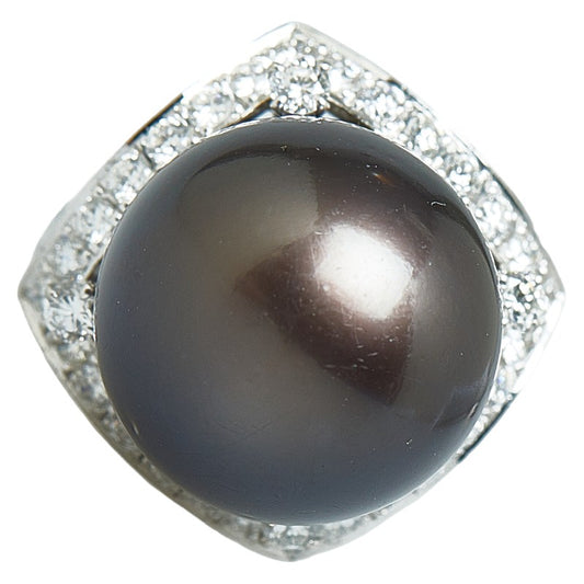 Pt900 Platinum Black Pearl 14.4mm Diamond 0.78ct Ring