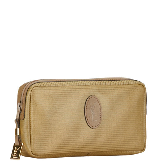 YSL Logo Leather Clutch Bag Beige Brown