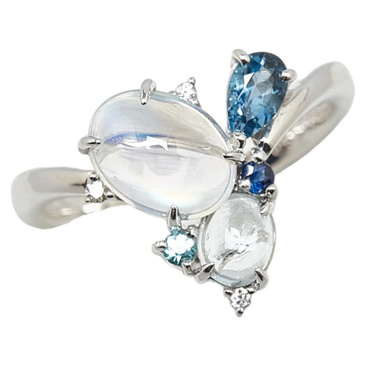 K18WG White Gold Ring with Labradorite, Diamond, Moonstone, Aquamarine, Sapphire