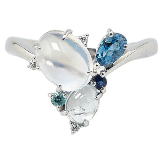 K18WG White Gold Ring with Labradorite, Diamond, Moonstone, Aquamarine, Sapphire