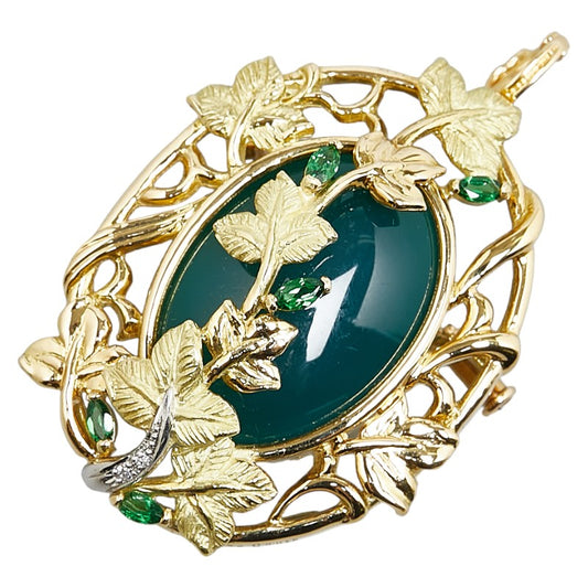 K18YG Gold Diamond Green Chalcedony Garnet Leaf Brooch Pendant