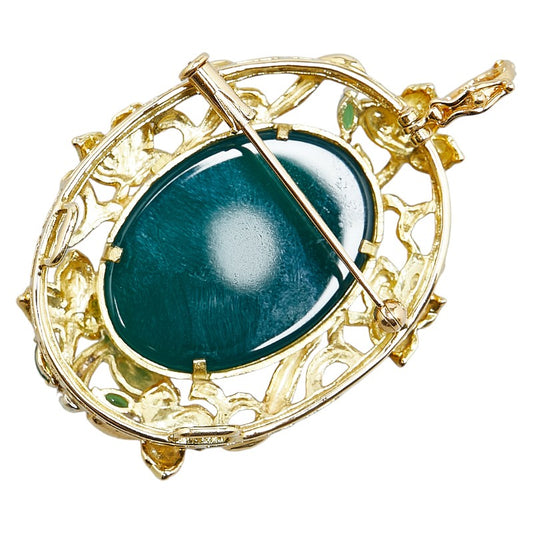 K18YG Gold Diamond Green Chalcedony Garnet Leaf Brooch Pendant