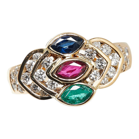 K18YG Gold Emerald Ruby Sapphire Diamond Ring