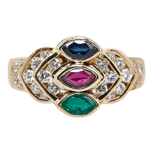 K18YG Gold Emerald Ruby Sapphire Diamond Ring