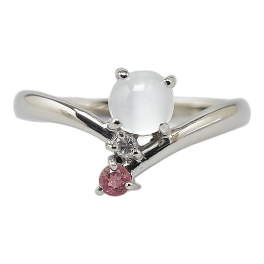 Pt900 Platinum Moonstone Pink Tourmaline Diamond Ring