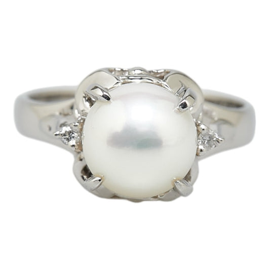 Pt900 Platinum Pearl 3.8mm Diamond 0.02ct Ring