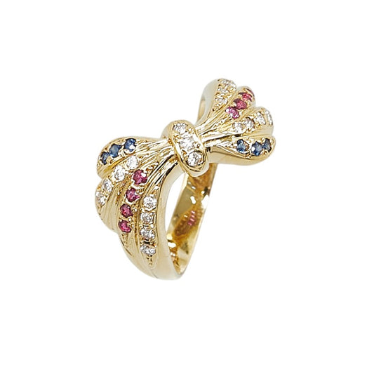 K18YG Yellow Gold Diamond Ruby Sapphire Ribbon Ring