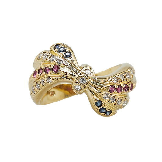 K18YG Yellow Gold Diamond Ruby Sapphire Ribbon Ring