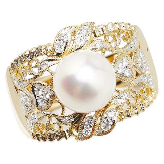 K18YG Yellow Gold Akoya Pearl 8.2mm Diamond 0.18ct Ring