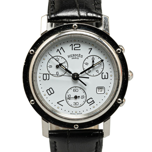 Hermes Clipper Chrono Watch Stainless Steel Leather