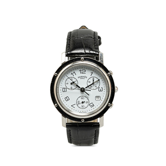 Hermes Clipper Chrono Watch Stainless Steel Leather