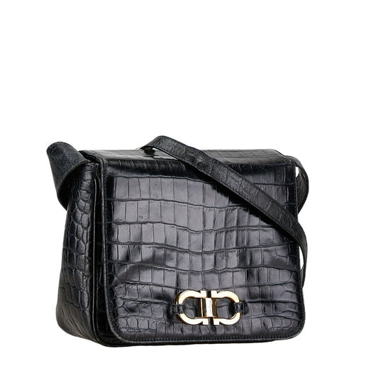 Salvatore Ferragamo Gancini Croc Embossed Leather Shoulder Bag