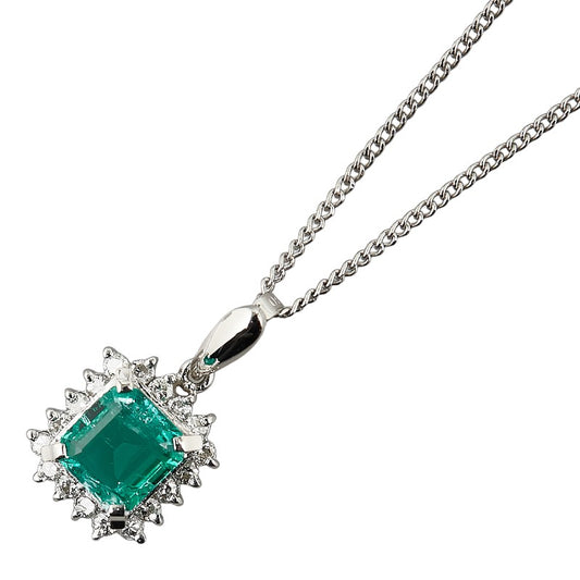 Platinum Emerald Diamond Pendant Necklace