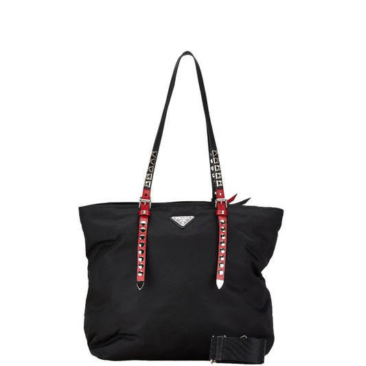 Prada Nylon Leather Logo Studs Tote Bag