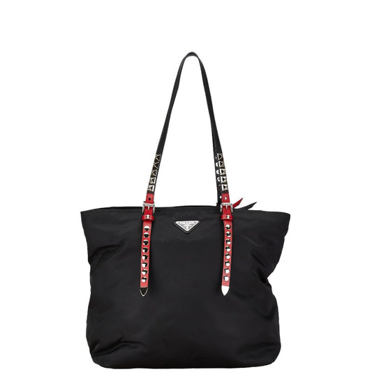 Prada Nylon Leather Logo Studs Tote Bag