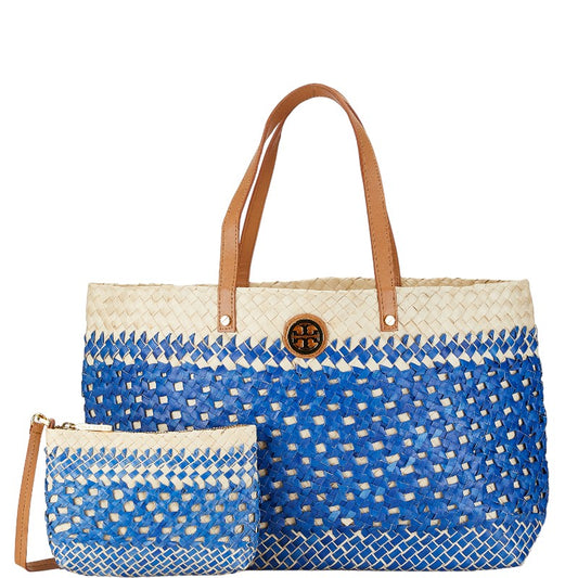 Tory Burch Raffia Leather Tote Bag Blue Beige