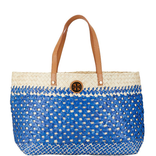 Tory Burch Raffia Leather Tote Bag Blue Beige