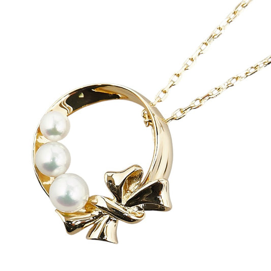 K18YG Yellow Gold Akoya Pearl Ribbon Pendant Necklace