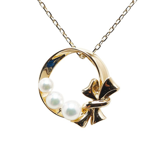 K18YG Yellow Gold Akoya Pearl Ribbon Pendant Necklace