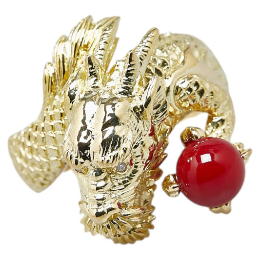 K18YG Yellow Gold Red Coral Dragon Ring