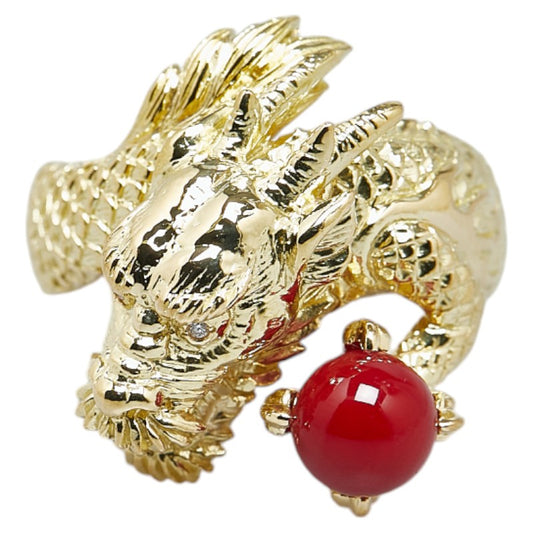 K18YG Yellow Gold Red Coral Dragon Ring