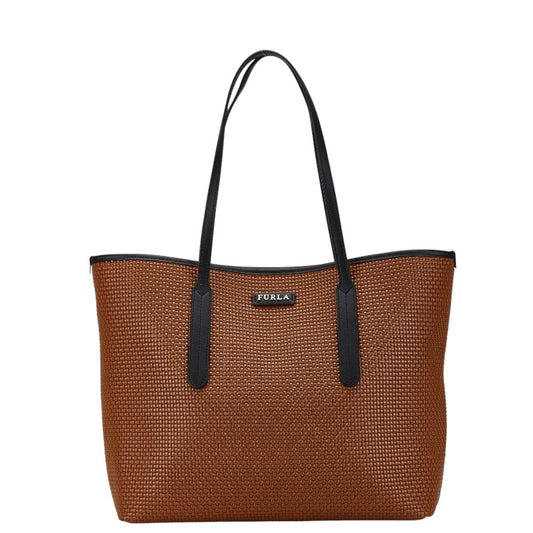 Furla Ariana Woven Tote Bag Brown Black PVC Leather