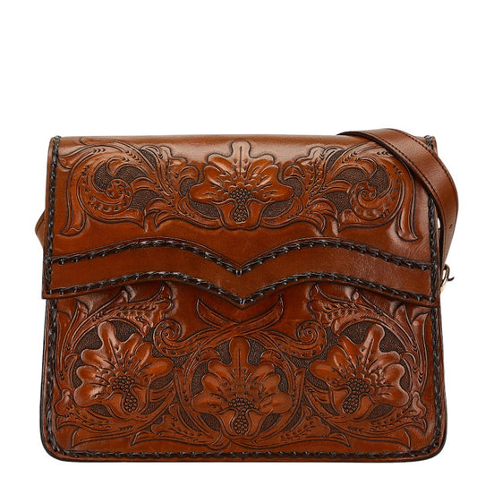 Floral Carved Leather Shoulder Bag Brown