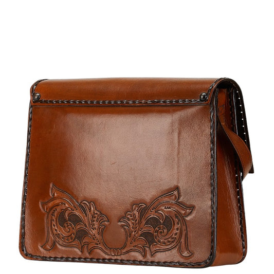 Floral Carved Leather Shoulder Bag Brown