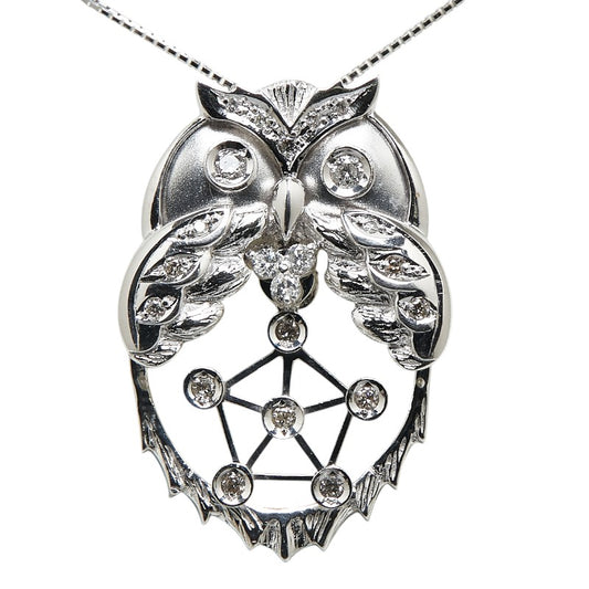 K18WG White Gold Diamond Owl Pendant Necklace