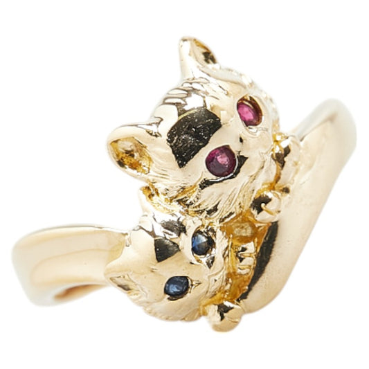 K18YG Gold Ruby Sapphire Cat Motif Ring