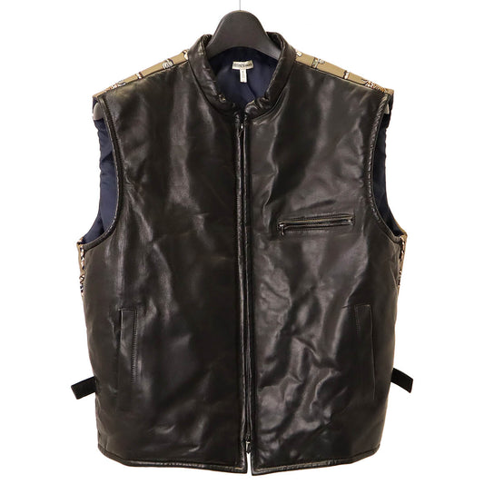 HERMES Men's Down Vest Leather Silk Black