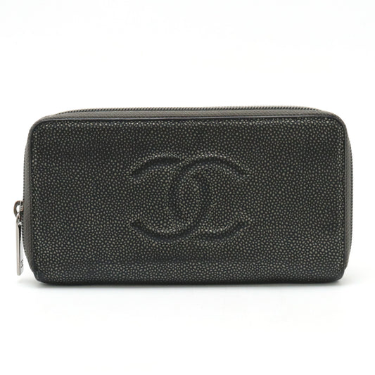 Chanel Caviar Skin Round Zip Wallet Metallic Gray