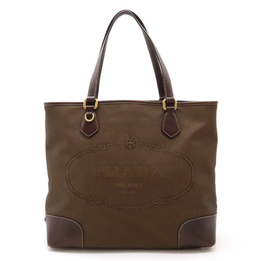 Prada Logo Jacquard Canvas Leather Tote Bag