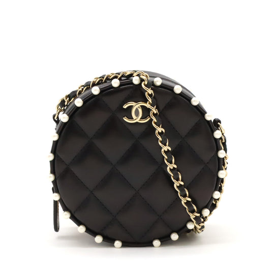 Chanel Leather Faux Pearl Round Chain Shoulder Bag