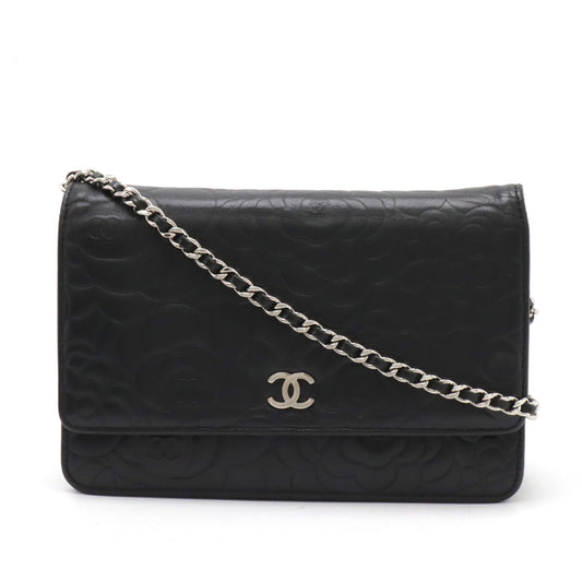 Chanel Camellia Chain Wallet Black Leather