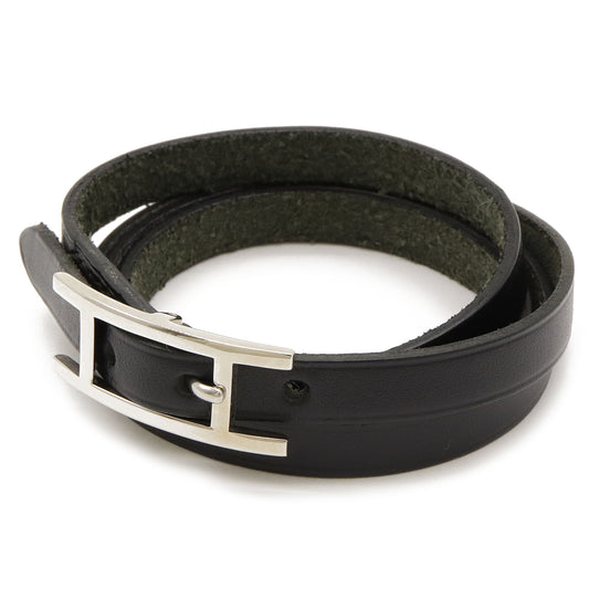 Hermes Leather Ap3 Long Bracelet Black Silver