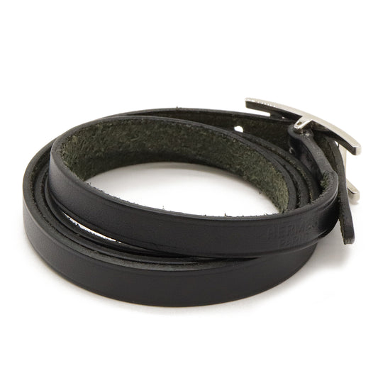 Hermes Leather Ap3 Long Bracelet Black Silver