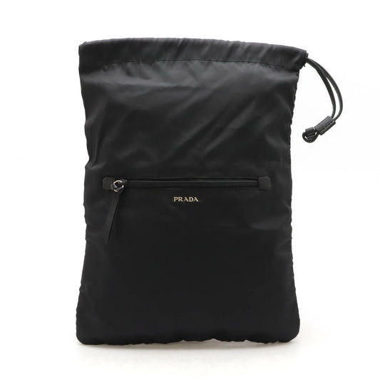 Prada Nylon Leather Drawstring Pouch Black