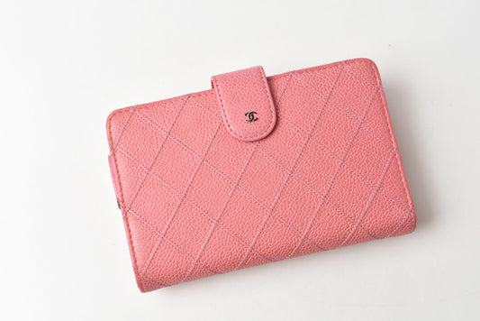 Chanel Quilted Leather Wallet Rose Silver