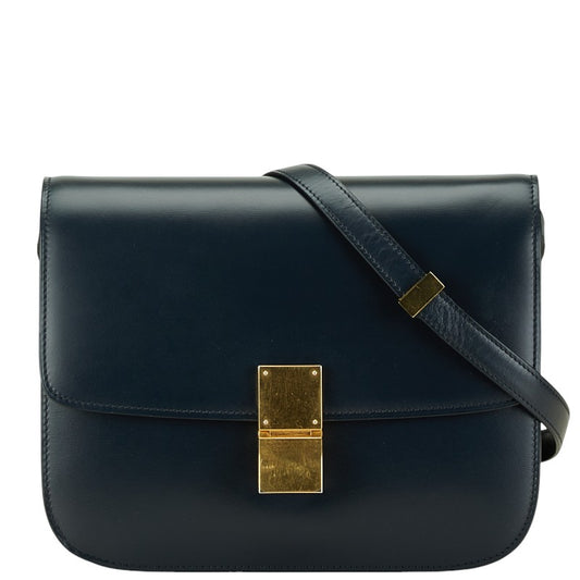 Celine Classic Box Medium Shoulder Bag Navy Leather