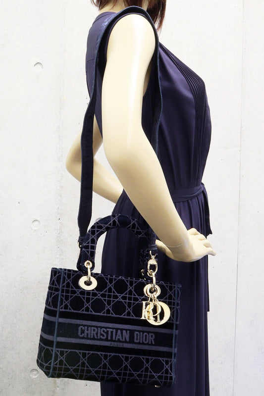 Dior Embroidery Canvas Tote Handbag Navy