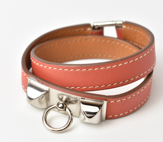 Hermes Leather Bracelet Pink Brown/Silver XS