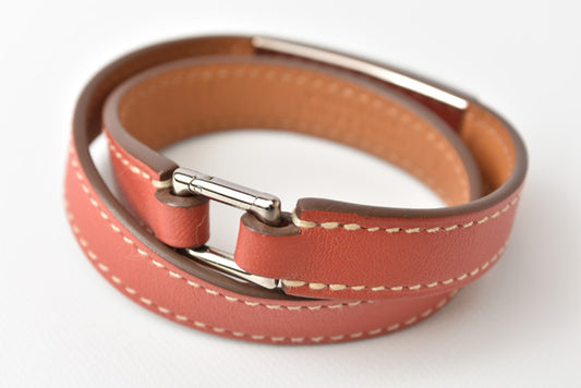 Hermes Leather Bracelet Pink Brown/Silver XS