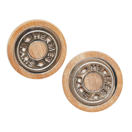 Hermes Beige Silver Wood Metal Earrings