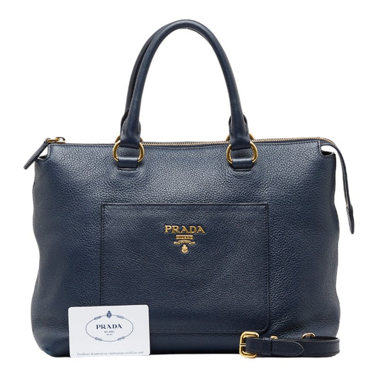 Prada Leather 2WAY Handbag 1BA063 Navy Gold