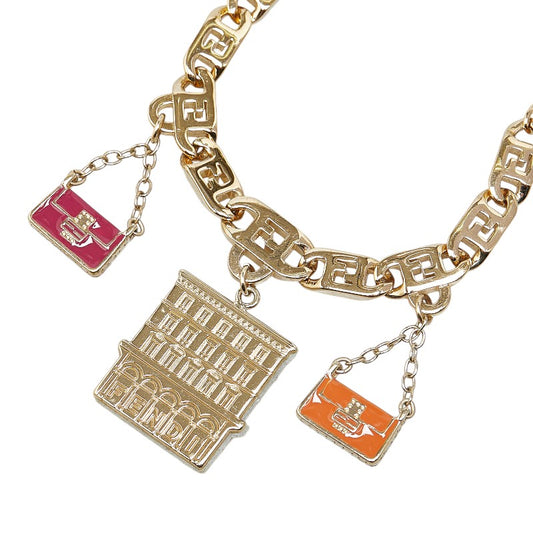 Fendi Building Bag Motif Necklace Gold Pink Orange